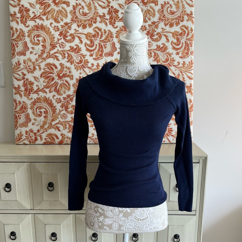 Navy Blue Ann Taylor Long Sleeve Ribbed Blouse